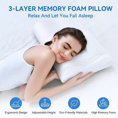 FAPO Memory Foam Pillow for Sleeping, Orthopedic Contour Pillow for Neck Pain Relief - Cervical Pillow for Side Sleepers with Washable Cover