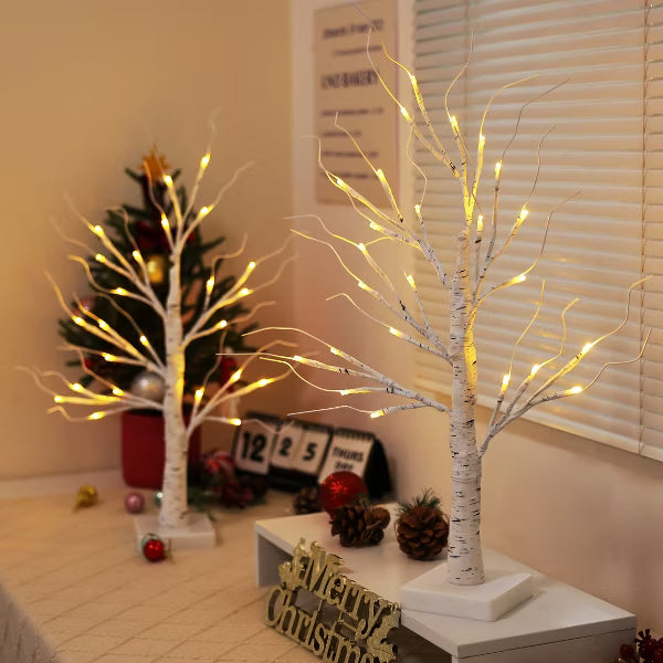DR.Planzen 24" White Birch Christmas Tree Set of 2, LED Lighted Artificial Mini Trees with Warm Lights, Gift Card Display Trees for Home Holiday Decor