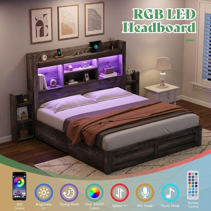 AMERLIFE Bed Frame with Drawers, LED, Bookcase Headboard, Charging, Shelves