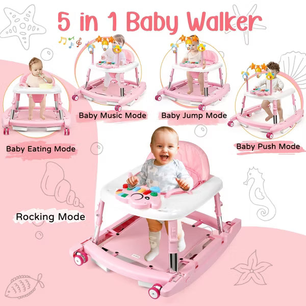 Kmaier 5-in-1 Music and Lights Baby Walker Foldable with 5 Adjustable Heights,Pink