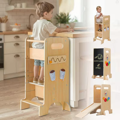 KOLIGEY Beige Toddler Tower 4-in-1 Multifunctional Kitchen Stool Helper with Removable Safety Board, Adjustable Heights