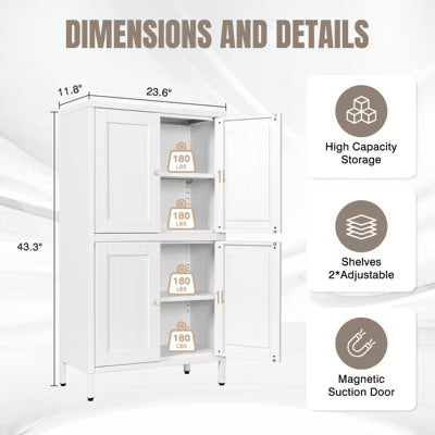 Mlezan 43" Metal Pantry Cabinet: White , 4 Doors, 2 Adjustable Shelves. Tall Storage for Kitchen, Living Room, or Dining Room, Home