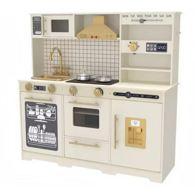 Kinder King Wooden Kids Play Kitchen, Toy Kitchen Playset for Toddlers, Realistic Kitchen Set with Sounds, Gift for Boys and Girls Age 3+, Beige