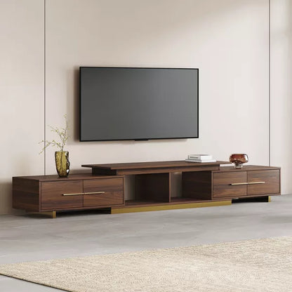 LOVSON 63.4'‘ to 94.5’' Expandable Stainless Steel Pedestal Entertainment Center, with 4 Drawers & 2 Open Shelf ,for Living Room Media Console