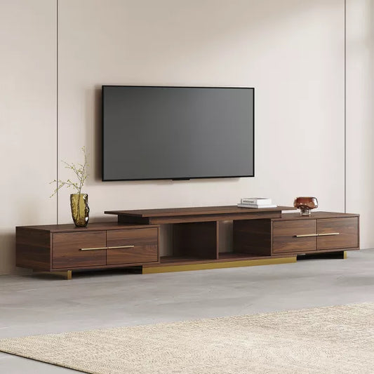 LOVSON 63.4'‘ to 94.5’' Expandable Stainless Steel Pedestal Entertainment Center, with 4 Drawers & 2 Open Shelf ,for Living Room Media Console