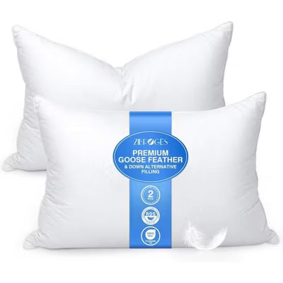 Zibroges Feather Bed Pillow Queen Size - Hotel Down Pillows for Sleeping, Soft 600 Thread Count Cotton Cover, Fluffy Support Surround Fill Polyester