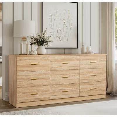 CIPACHO Modern Natural Wood 9-Drawer Dresser for Bedroom with Gold Handle - Ample Storage Wide Chest of Drawers, Sturdy & Safe