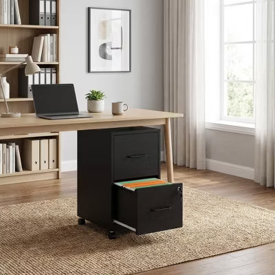 VIYET 27"H Mobile 2-Drawer Metal File Cabinet with Lock & Wheels, Black Heavy-Duty Under Desk Storage for Home Office, Adjustable Feet