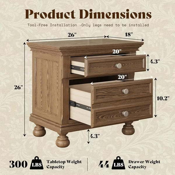 AMERLIFE Solid Wood Nightstand with 2 Drawers, Fully Assembled Extra-Large Traditional End Table for Bedroom & Living Room