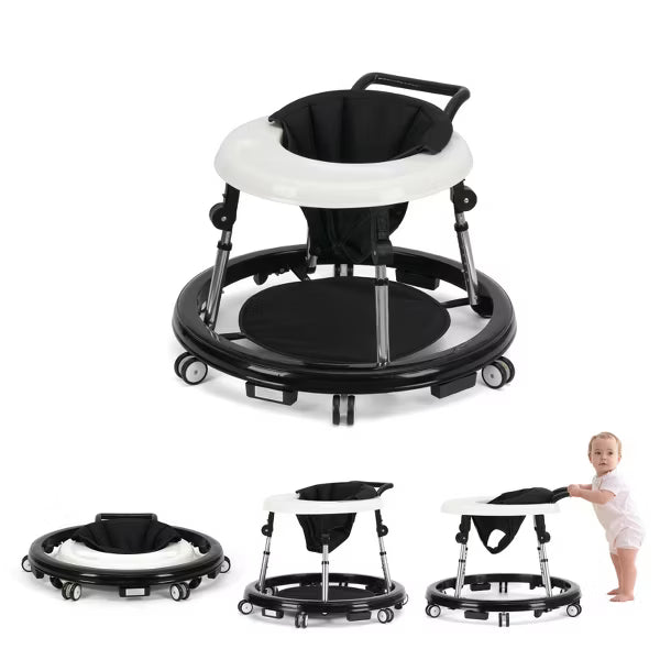 Wismind Foldable Baby Walker with Adjustable Height and Wheels, Portable Anti-Rollover Design-Black
