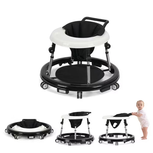 Wismind Foldable Baby Walker with Adjustable Height and Wheels, Portable Anti-Rollover Design-Black