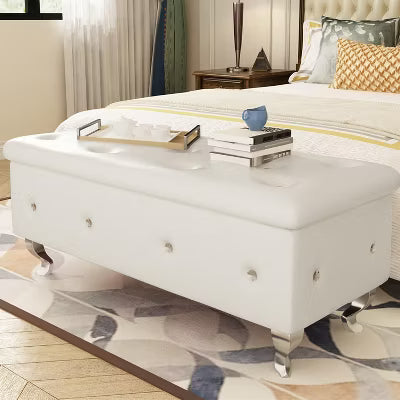 Hooseng End of Bed Storage Bench Safety, PU Storage Bench with Button Tufted, Storage Ottoman Bench with Flipping Lid and Storage