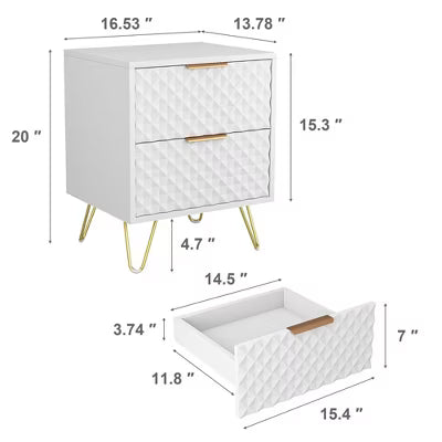 CIPACHO White 2-Piece Nightstand Set - 2-Drawer Modern Wood Table with Gold Legs (Bedroom/Living Room)