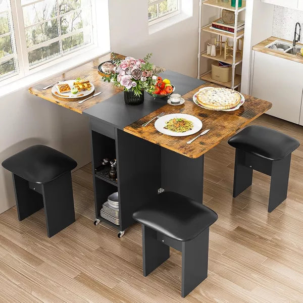 Hooseng Folding Dining Room Table and Chairs Set for 4, Modern Kitchen Table Set with 4 Leather Chairs and Shelves for Small Spaces, Apartment