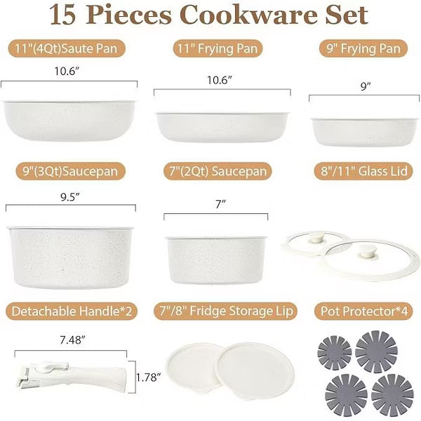 SODAY 15 Pcs Pots and Pans Set Non Stick, Cookware Sets with Detachable Handle, Nonstick RV Kitchen Cooking Tools,Oven Safe,Induction Fast