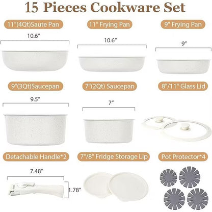 SODAY 15 Pcs Pots and Pans Set Non Stick, Cookware Sets with Detachable Handle, Nonstick RV Kitchen Cooking Tools,Oven Safe,Induction Fast