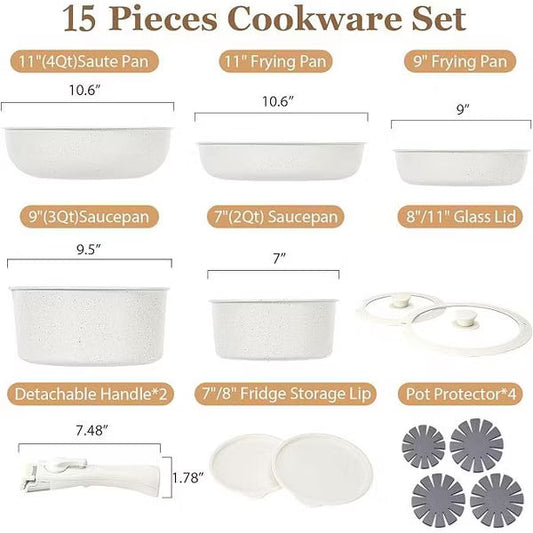 SODAY 15 Pcs Pots and Pans Set Non Stick, Cookware Sets with Detachable Handle, Nonstick RV Kitchen Cooking Tools,Oven Safe,Induction Fast