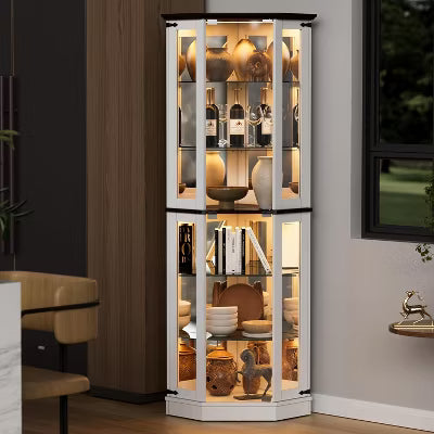 PAKASEPT 71'' Corner Display Curio Cabinet with LED Lights, 6-Tier Display Case with Glass Doors, Wine Cabinet for Collectibles, Liquor