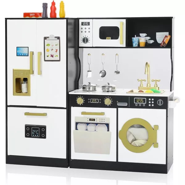 Wooden Play Kitchen Set for Kids with Sink, Freezer, Ice Maker, Washing Machine & Accessories Large Storage & Realistic Features