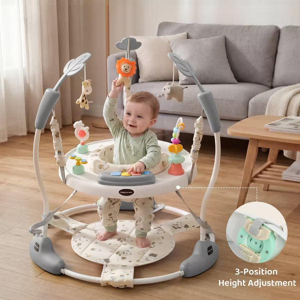 Kinder King Baby Activity Center Jumper, 360 Rotating Seat, 3-Level Adjustable Height, Interactive Toys, Removable Foot Mat, Gray