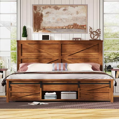 AMERLIFE Farmhouse Size Bed Frame with Sliding Barn Door Storage