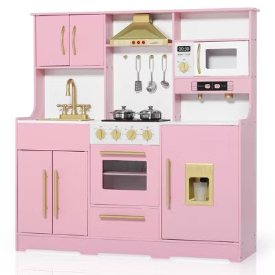 TODECARE Wooden Play Kitchen for Kids with Storage System, Ice Maker and Coffee Maker, Gift for Boys and Girls Age 3+