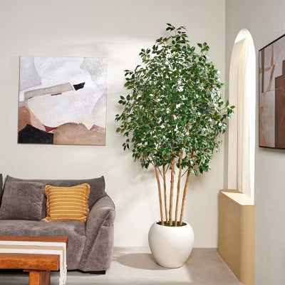 8FT Artificial Ficus Tree with Natural Wood Trunk and Silk Leaves, Large Fake Potted Tree with White Planter, Faux Tree for Office Home Decor