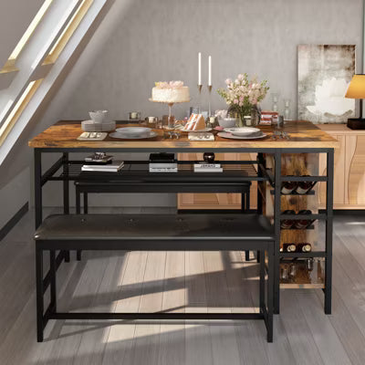 Hooseng 3 Pieces Dining Table Set, Space Saving Dining Table Set for 2-4 People, Kitchen Table Set with Wine Rack Glass Holder and Storage Shelf