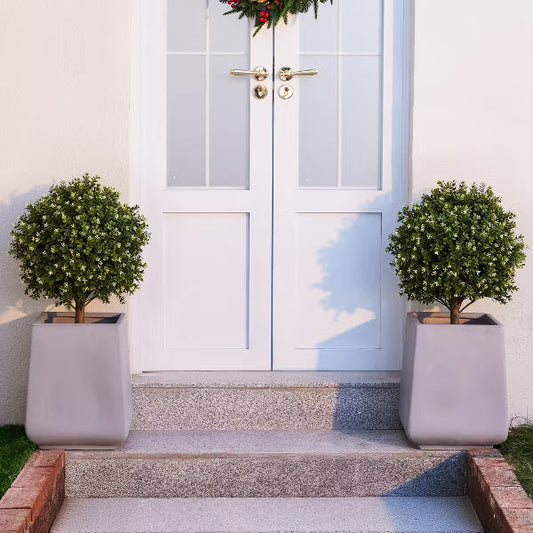 20'' Artificial Tea Olives Topiary Ball Trees with Stake, UV Resistant Faux Plant with White Flowers for Outdoor Garden, Spring Decor Set of 2