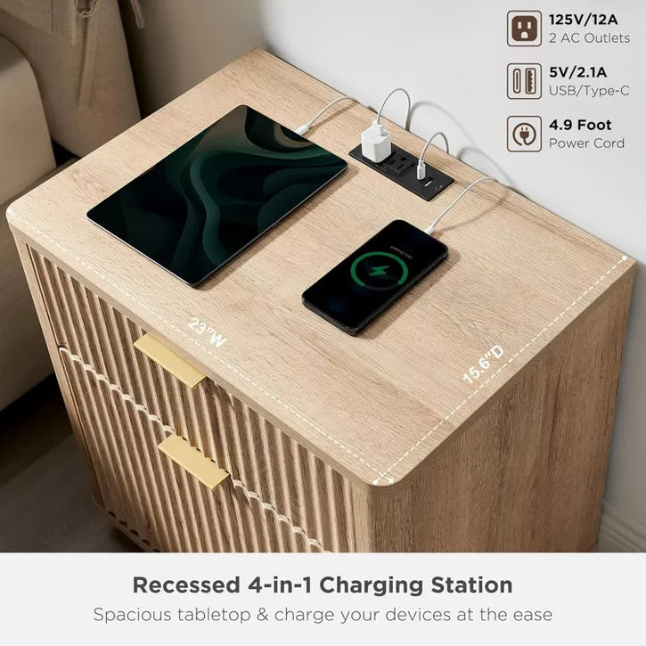 SinCiDo 23" Fluted Nightstand w/Charging Station, 2 Drawer Mid Century Modern End Table w/Storage for Bedroom & Living Room