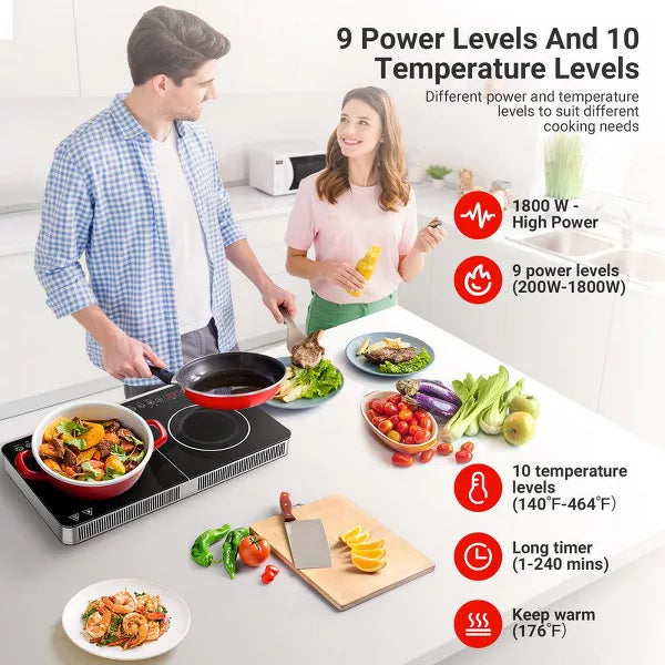 Induction Cooktop with 2 Burner,10 Temperature Levels & 8 Power Levels,240 Mins Timer, 1800W Double induction hotplate with Safety Lock,Touch Control