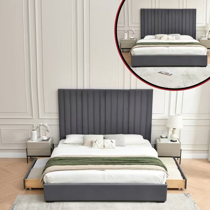 King Size Upholstered Storage Bed Frame 61.42" Tall Velvet Headboard with 2 Large Drawers,Sturdy Metal Frame,No Box Spring Needed,Easy Assembly,Grey