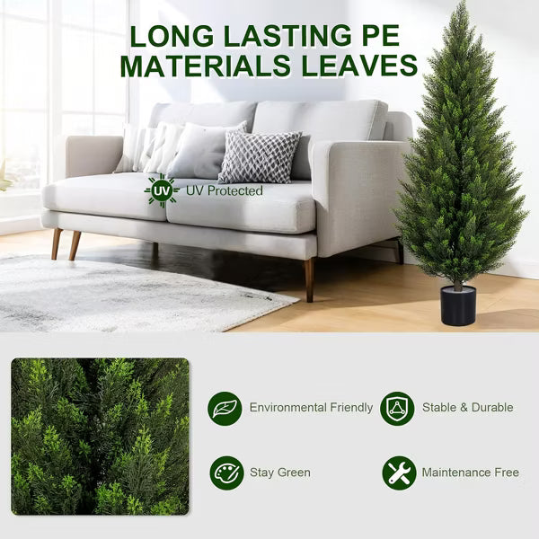 ROMSWI 2Pack 3-5ft Artificial Cedar Topiary Tree UV-Resistant, Commercial-Grade Wind-Proof Faux Pine for All-Season Porch & Entryway Decor Green 3-FT