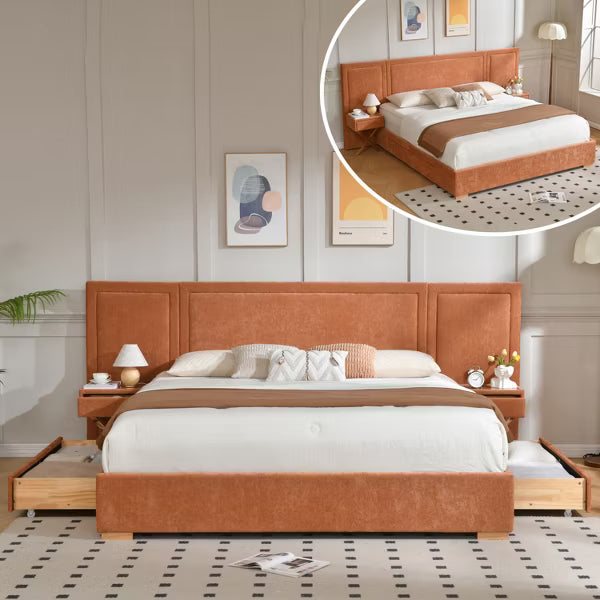 King Size Hotel-Style Bed with Floating Nightstands,Storage Drawers,Upholstered,Noise-Free,No Box Spring Needed,Easy Assembly,Orange