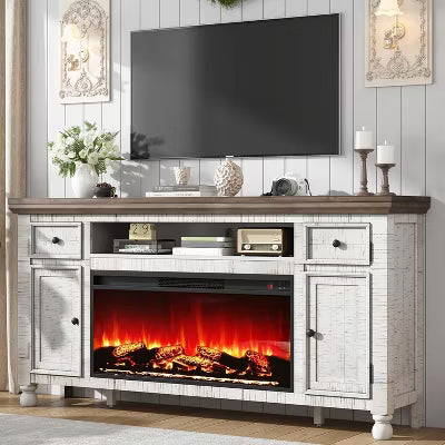 AMERLIFE 68" Farmhouse Fireplace TV Stand with 7 Color Electric Fireplace, Solid Wood Media Entertainment Center for 78" TVs, White and Brown