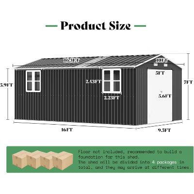 AMERLIFE Steel Storage Shed with 4-Pane Windows, Hinged Double Doors, Dark Grey/White