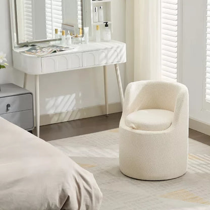 HYLEORY Makeup Ottoman with Storage, Upholstered Vanity Stool with Foldable Backrest Modern Cylindrical Footrest Stool for Living Room Bedroom