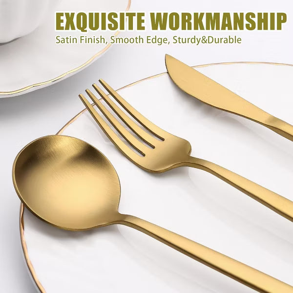 BRINJOY 40-Piece Gold Stainless Steel Silverware Set - Satin Finish Cutlery Set for 8, Non-Tarnish Design