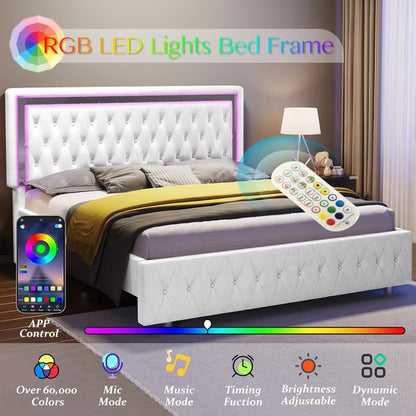 Bed Frame with Led Lights Headboard, Acrylic Mirror Accents