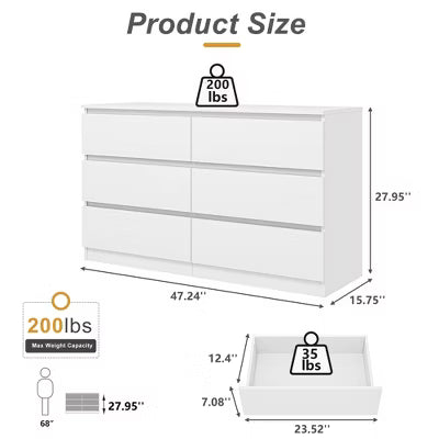Resenkos Modern Mid Century 6 Drawer Wide Dressers Chests for Bedroom, Chest of Drawer Organizer
