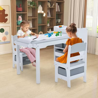 TODECARE Kids Table and Chair Set with Storage Bins and Paper Roll, Toddler Furniture Set, Gray