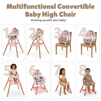 TODECARE High Chair, 7 in 1 Convertible Wooden Highchair for Babies & Toddlers with Adjustable Legs, Double Removable Tray, Safety Harness
