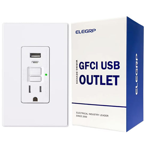 ELEGRP GFCI Outlet & USB Charger 24W combo Receptacle, Type A & C, 15A Tamper Resistant Self-Test,w/Screwless Wall Plate, UL & CUL Listed, White,1 PC