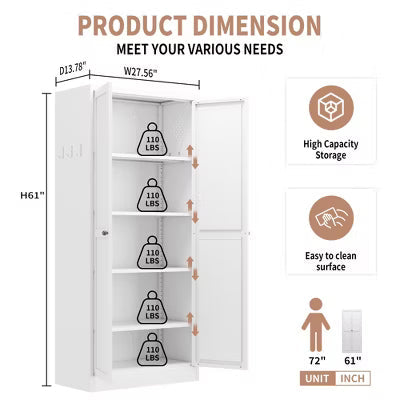 VIYET 61" Metal Pantry Cabinet with 4 Adjustable Shelves, Freestanding Kitchen Storage Cabinet, Food Pantry Organizer