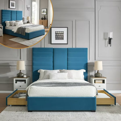 Queen Size Platform Bed Frame with 2 Storage Drawers,63" Tufted Velvet Headboard, Wooden Slats, Sturdy Frame,Noise-Free,Easy Assembly,Dark Blue