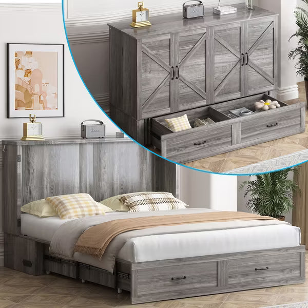 Mjkone Modern Murphy Bed Queen with USB ports & Drawers，No Mattress