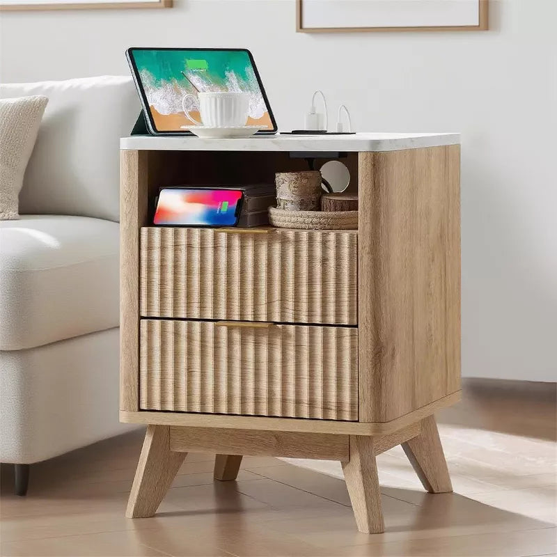18" Modern Fluted Nightstand with Charging Station, Side Table with Faux Marble Top for Bedroom, Living Room
