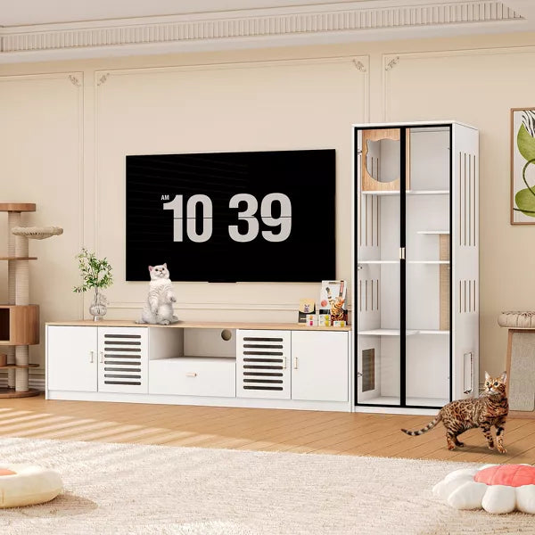 ATJafurn Entertainment Center Hidden Cat Litter Box Enclosure For 85inch Tv, Included Tv Stand And Glass Cabinet, Furniture Style Cat House