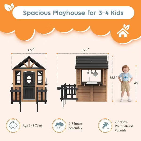 AMERLIFE Kids Outdoor Wooden Playhouse with Kitchen Set, Waterproof Roof, Rust-Resistant Hinges, Pretend Playhouse for Ages 3–8