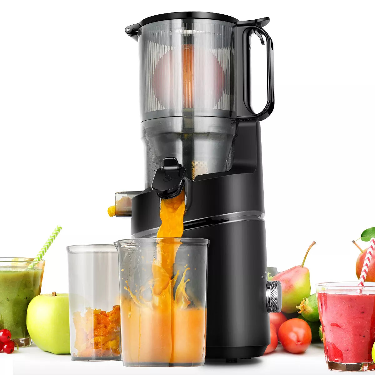 Masticating Juicer, 5.3 in Cold Press Juicer with 250W Motor, Triple Filtration, Safety Lid Lock, 1.8 L Capacity, Fit for Whole Fruits & Vegetables